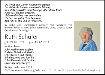 Traueranzeige von Ruth Schüler von Mitteldeutsche Zeitung Wittenberg