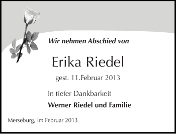 Traueranzeige von Erika Riedel von Mitteldeutsche Zeitung Merseburg/Querfurt