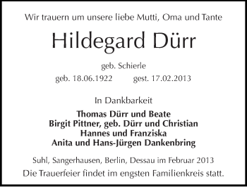 Traueranzeige von Hildegard Dürr von Mitteldeutsche Zeitung Dessau-Roßlau