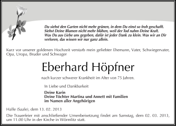 Traueranzeige von Eberhard Höpfner von Mitteldeutsche Zeitung Halle/Saalkreis