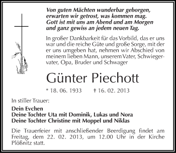 Traueranzeige von Günter Piechott von Mitteldeutsche Zeitung Halle/Saalkreis