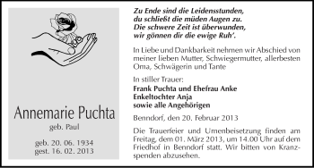 Traueranzeige von Annemarie Puchta von Mitteldeutsche Zeitung Mansfelder Land