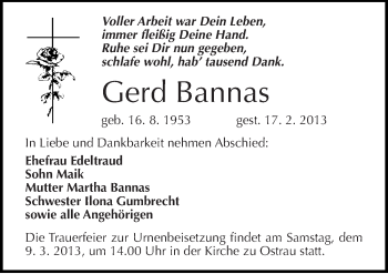 Traueranzeige von Gerd Bannas von Mitteldeutsche Zeitung Halle/Saalkreis