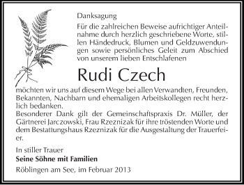 Traueranzeige von Rudi Czech von Mitteldeutsche Zeitung Mansfelder Land