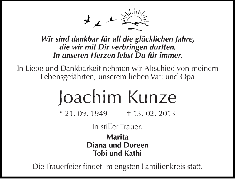  Traueranzeige für Joachim Kunze vom 23.02.2013 aus Mitteldeutsche Zeitung Halle/Saalkreis