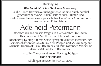 Traueranzeige von Adelheid Petermann von Mitteldeutsche Zeitung Mansfelder Land