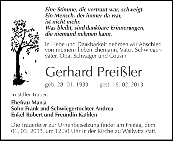 Traueranzeige von Gerhard Preißler von Mitteldeutsche Zeitung Halle/Saalkreis