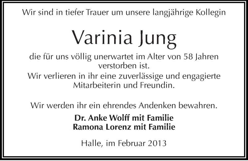  Traueranzeige für Varinia Jung vom 20.02.2013 aus Mitteldeutsche Zeitung Halle/Saalkreis