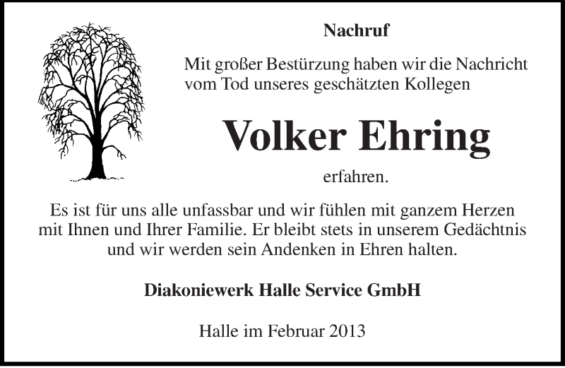  Traueranzeige für Volker Ehring vom 20.02.2013 aus Mitteldeutsche Zeitung Halle/Saalkreis