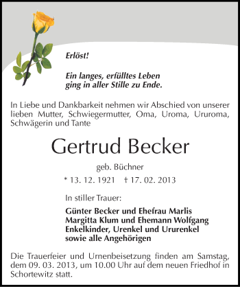 Traueranzeige von Gertrud Becker von Mitteldeutsche Zeitung Köthen