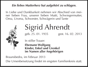Traueranzeige von Sigrid Ahrendt von Mitteldeutsche Zeitung Merseburg/Querfurt