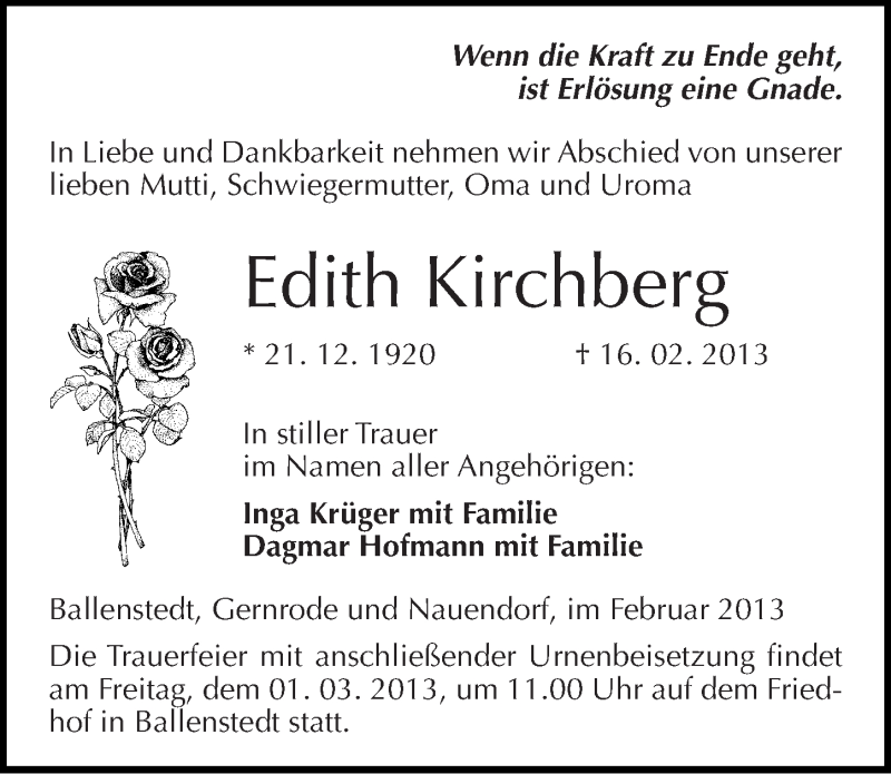  Traueranzeige für Edith Kirchberg vom 26.02.2013 aus Mitteldeutsche Zeitung Quedlinburg