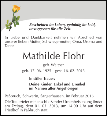 Traueranzeige von Mathilde Flohr von Mitteldeutsche Zeitung Sangerhausen