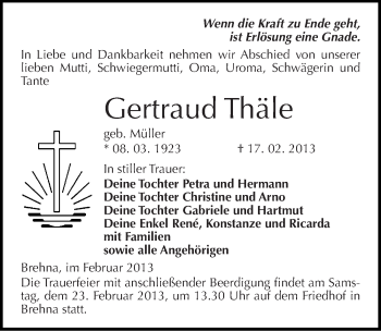 Traueranzeige von Gertraud Thäle von Mitteldeutsche Zeitung Bitterfeld