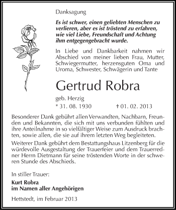 Traueranzeige von Gertrud Robra von Mitteldeutsche Zeitung Mansfelder Land