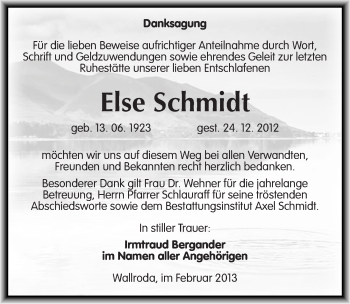 Traueranzeige von Else Schmidt von Mitteldeutsche Zeitung Naumburg/Nebra
