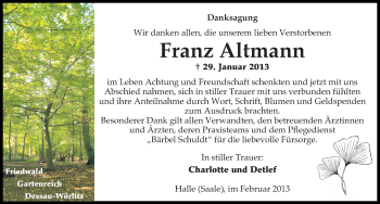 Traueranzeige von Franz Altmann von Mitteldeutsche Zeitung Halle/Saalkreis