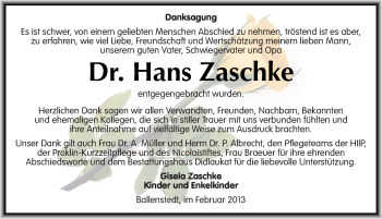 Traueranzeige von Hans Zaschke von Mitteldeutsche Zeitung Quedlinburg