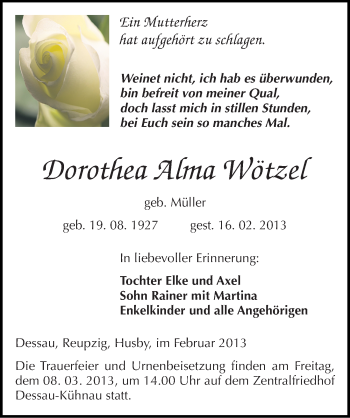 Traueranzeige von Dorothea Alma Wötzel von Mitteldeutsche Zeitung Dessau-Roßlau
