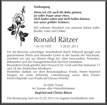 Traueranzeige von Ronald Rätzer von Mitteldeutsche Zeitung Dessau-Roßlau
