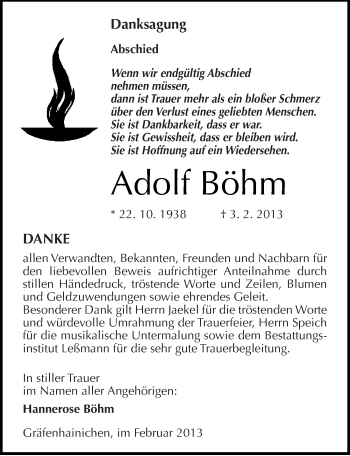 Traueranzeige von Adolf Böhm von Mitteldeutsche Zeitung Wittenberg