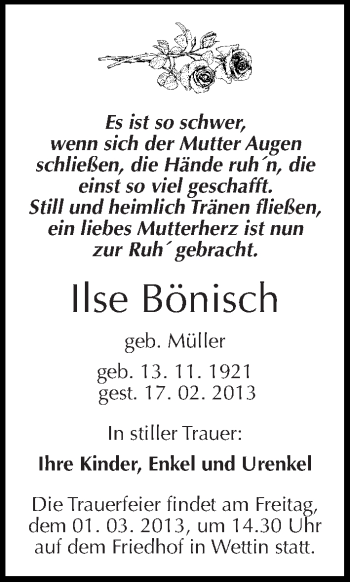 Traueranzeige von Ilse Bönisch von Mitteldeutsche Zeitung Halle/Saalkreis