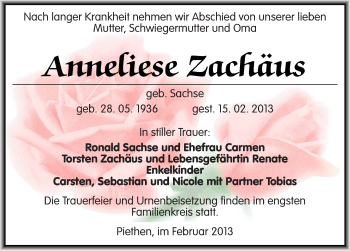 Traueranzeige von Anneliese Zachäus von Mitteldeutsche Zeitung Köthen
