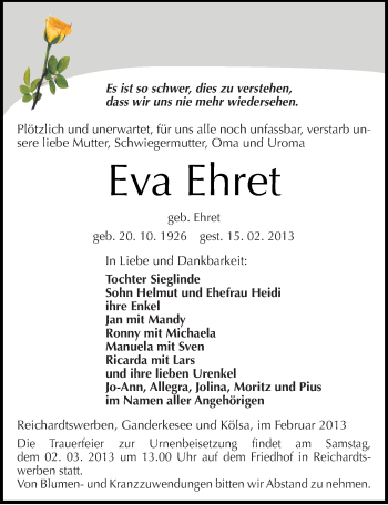 Traueranzeige von Eva Ehret von Mitteldeutsche Zeitung Weißenfels