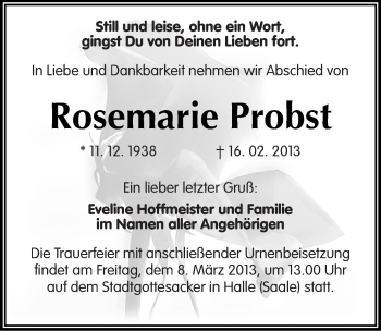 Traueranzeige von Rosemarie Probst von Mitteldeutsche Zeitung Halle/Saalkreis