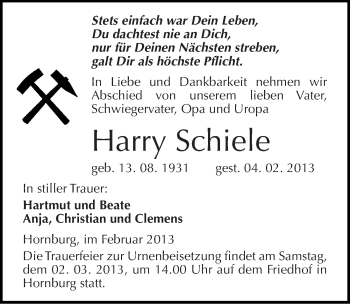 Traueranzeige von Harry Schiele von Mitteldeutsche Zeitung Mansfelder Land