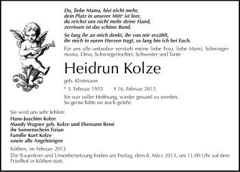 Traueranzeige von Heidrun Kolze von Mitteldeutsche Zeitung Köthen