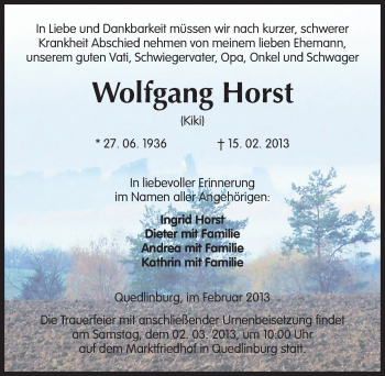Traueranzeige von Wolfgang Horst von Mitteldeutsche Zeitung Quedlinburg