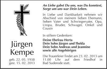 Traueranzeige von Jürgen Kempe von Mitteldeutsche Zeitung Quedlinburg
