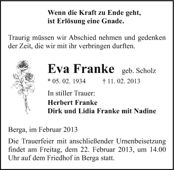 Traueranzeige von Eva Franke von Mitteldeutsche Zeitung Sangerhausen