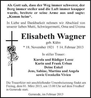Traueranzeige von Elisabeth Wagner von Mitteldeutsche Zeitung Quedlinburg