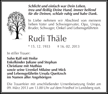 Traueranzeige von Rudi Thäle von Mitteldeutsche Zeitung Halle/Saalkreis