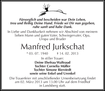 Traueranzeige von Manfred Jurkschat von Mitteldeutsche Zeitung Halle/Saalkreis