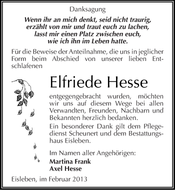 Traueranzeige von Elfriede Hesse von Mitteldeutsche Zeitung Mansfelder Land