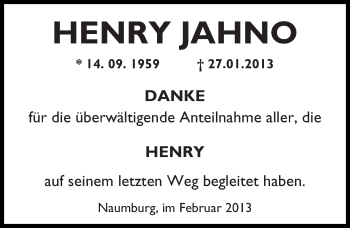 Traueranzeige von Henry Jahno von Mitteldeutsche Zeitung Naumburg/Nebra