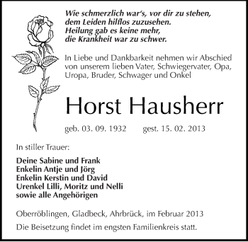 Traueranzeige von Horst Hausherr von Mitteldeutsche Zeitung Sangerhausen