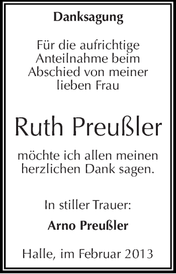 Traueranzeige von Ruth Preußler von Mitteldeutsche Zeitung Halle/Saalkreis