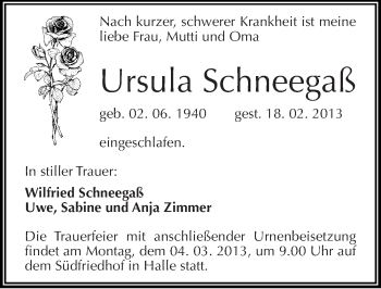 Traueranzeige von Ursula Schneegaß von Mitteldeutsche Zeitung Halle/Saalkreis