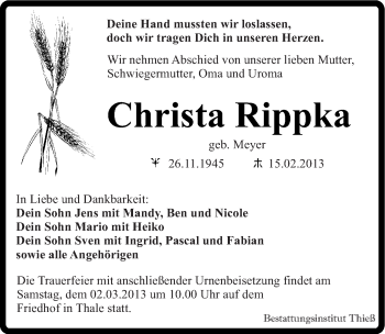 Traueranzeige von Christa Rippka von Mitteldeutsche Zeitung Quedlinburg