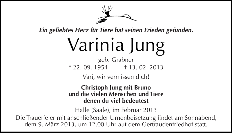  Traueranzeige für Varinia Jung vom 23.02.2013 aus Mitteldeutsche Zeitung Halle/Saalkreis
