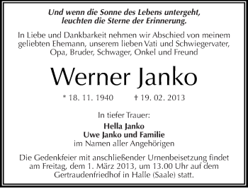 Traueranzeige von Werner Janko von Mitteldeutsche Zeitung Halle/Saalkreis