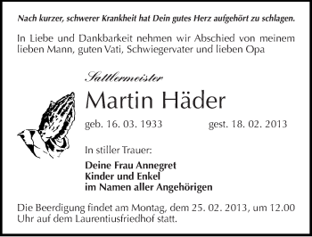 Traueranzeige von Martin Häder von Mitteldeutsche Zeitung Halle/Saalkreis