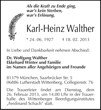 Traueranzeige von Karl-Heinz Walther von Mitteldeutsche Zeitung Wittenberg