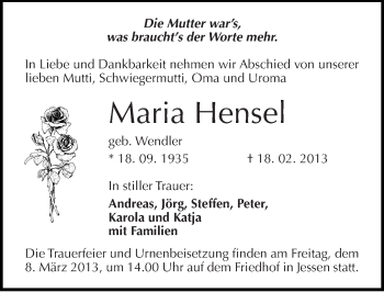 Traueranzeige von Maria Hensel von Mitteldeutsche Zeitung Wittenberg