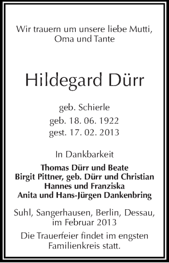 Traueranzeige von Hildegard Dürr von Mitteldeutsche Zeitung Sangerhausen