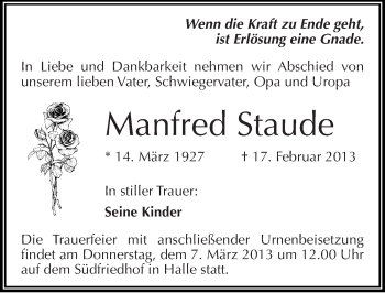 Traueranzeige von Manfred Staude von Mitteldeutsche Zeitung Halle/Saalkreis